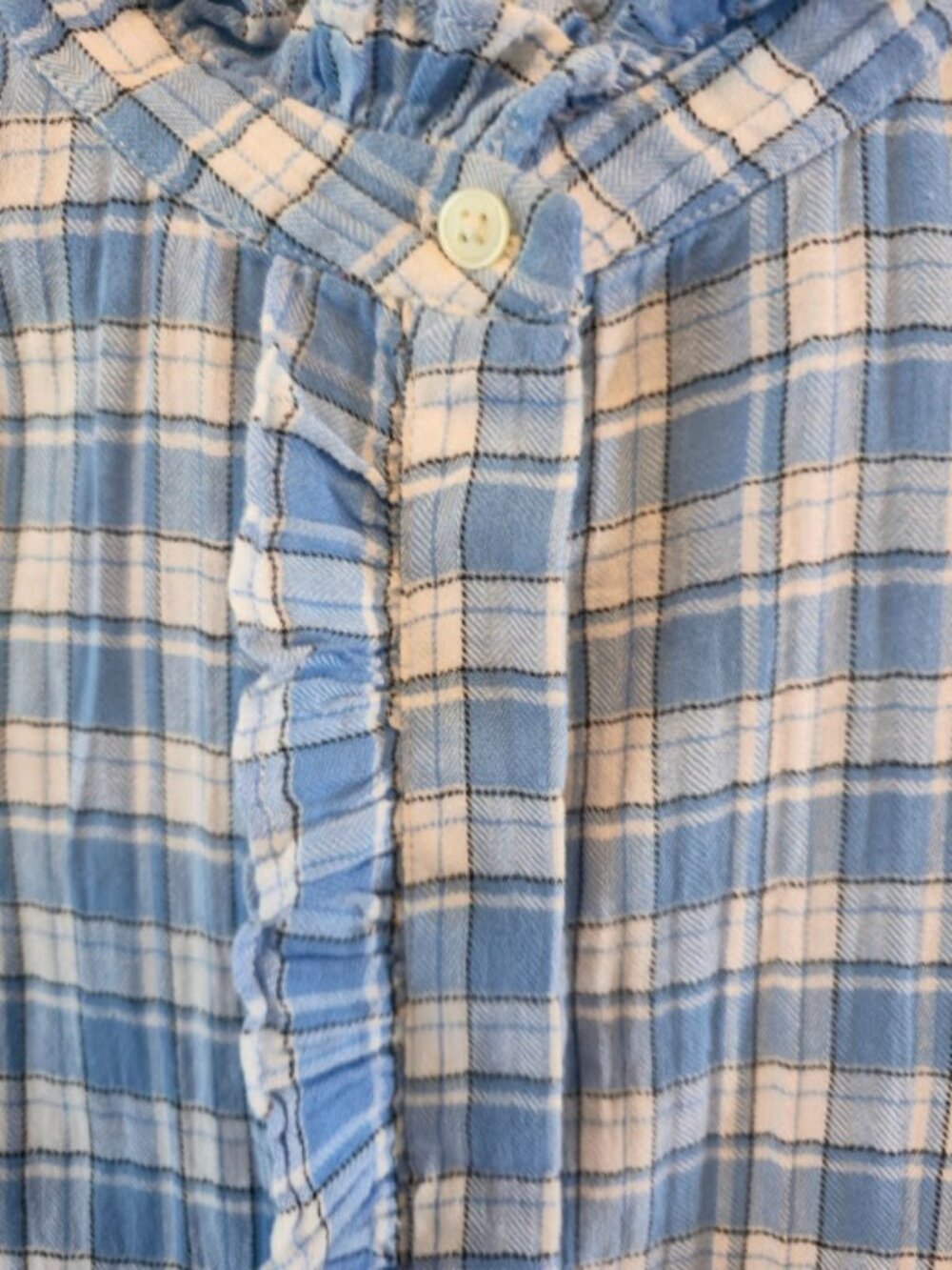 PLAID BLUE WHITE SHIRT LOFT SIZE LARGE RUFFLE COLLAR BUTTON UP SOFT COMFY - Picture 4 of 9